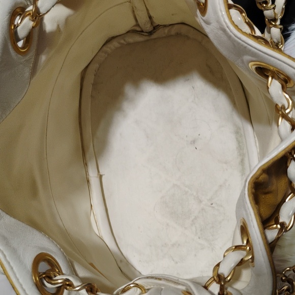 FLASH SALE! Auth CHANEL Shoulder Bag W Chain Strap White Leather Mustard Fabric - Picture 13 of 16